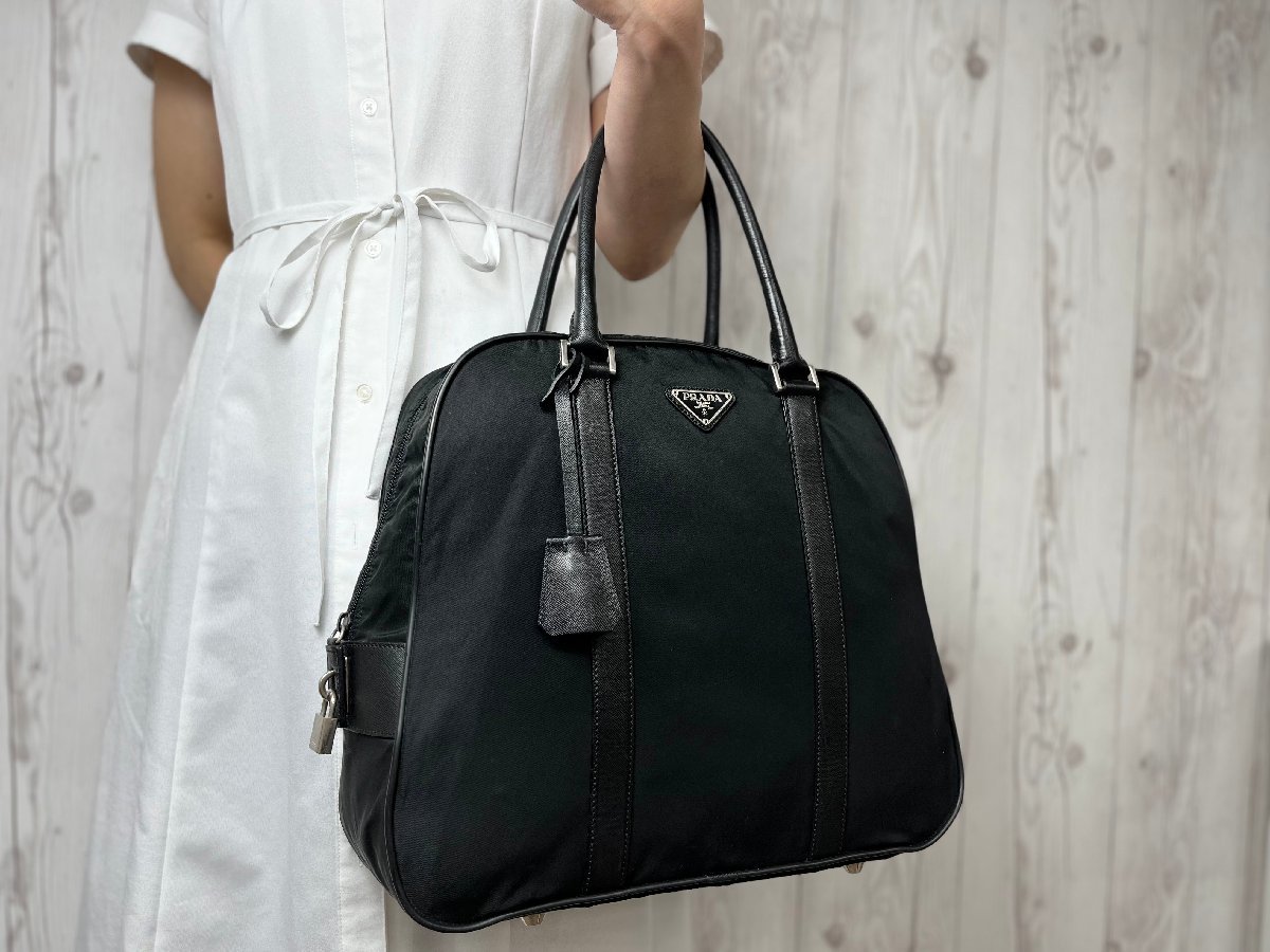 極美品 新品同様 PRADA プラダ テスート トートバッグ ハンドバッグ バッグ ナイロン×サフィアーノレザー 黒 A4可 メンズ 63891