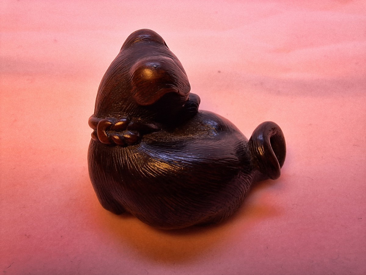 【根付(netsuke)】犬の根付　木製　江戸時代 子犬 仔犬 根付 江戸時代 為隆銘 tametaka netsuke 名古屋スクール