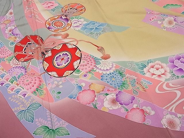 510ag12□七五三 七歳 女児 着物&袋帯&長襦袢 鴛鴦 金彩 花文□