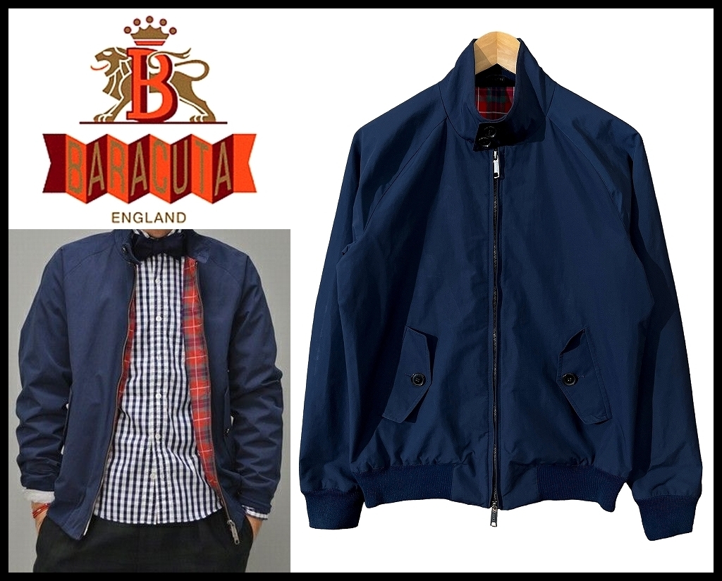 送無 美品 英国製 BARACUTA バラクータ 15ss 1501027 G9 裏地 タータンチェック スイングトップ ハリントン ジャケット ブルゾン 紺 36