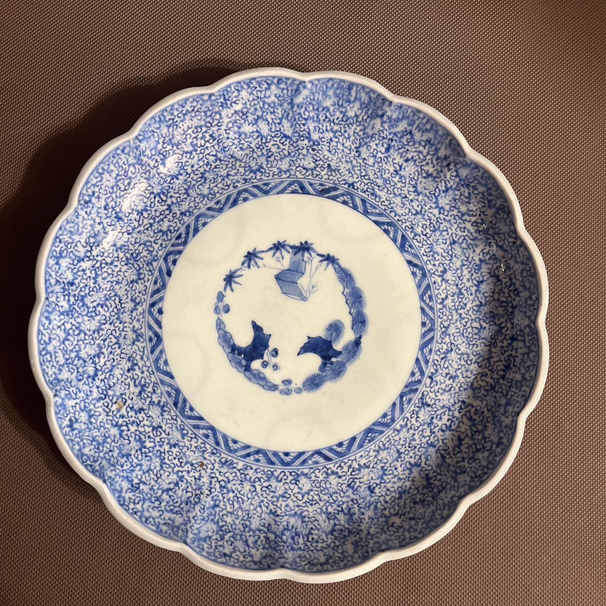 古伊万里　染付 蛸唐草松竹梅文 輪花向付 古伊万里 蛸唐草 輪花皿 染付 松竹梅 大明成化年製 在銘 骨董品 古美術