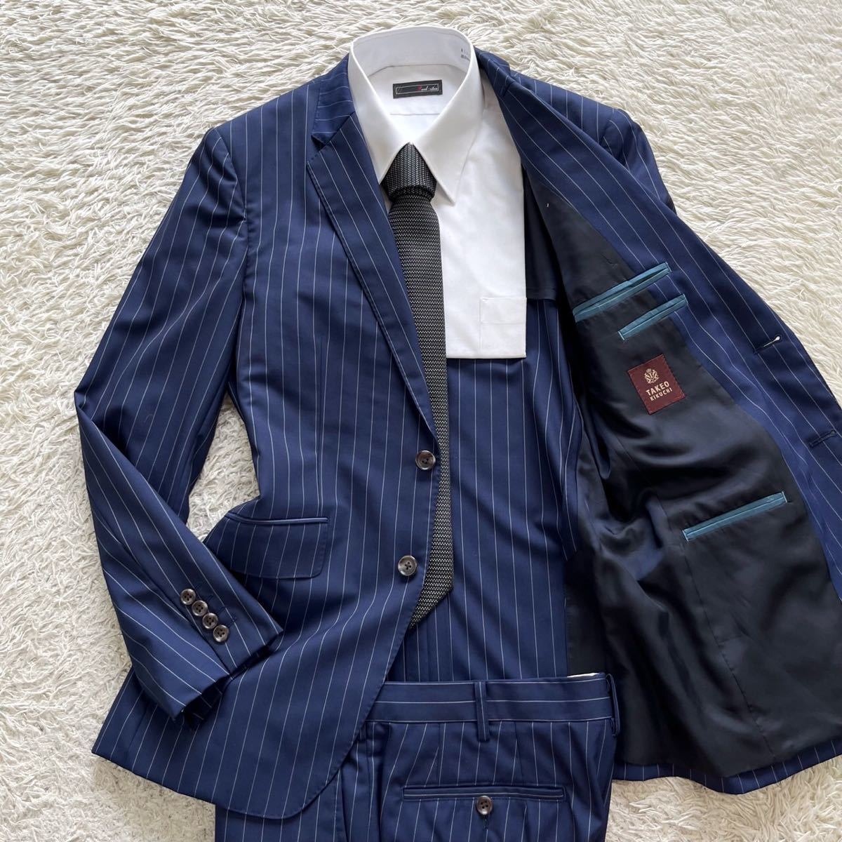 美品！タケオキクチ【鮮やかなブルー】TAKEO KIKUCHI スーツ　セットアップ　テーラードジャケット　ストライプ　ブルー　青　M位