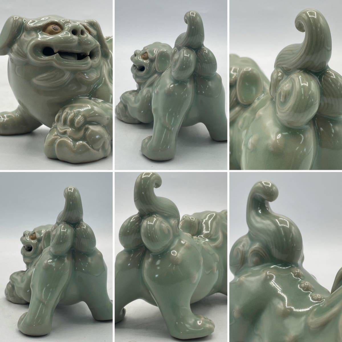 真葛香山（宮川香山）作 青磁獅子置物 / 幅約13cm 床置 オブジェ 眞