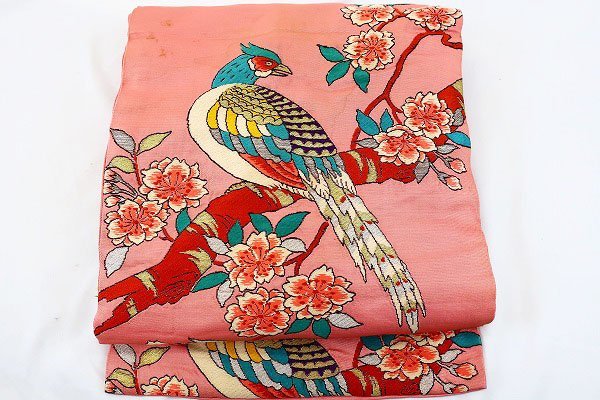 【着物フィ】アンティーク/名古屋帯/刺繍/長さ3m37cm/ピンク色/キジ/桜/大正ロマン/レトロ/正絹/仕立て上がり/14549