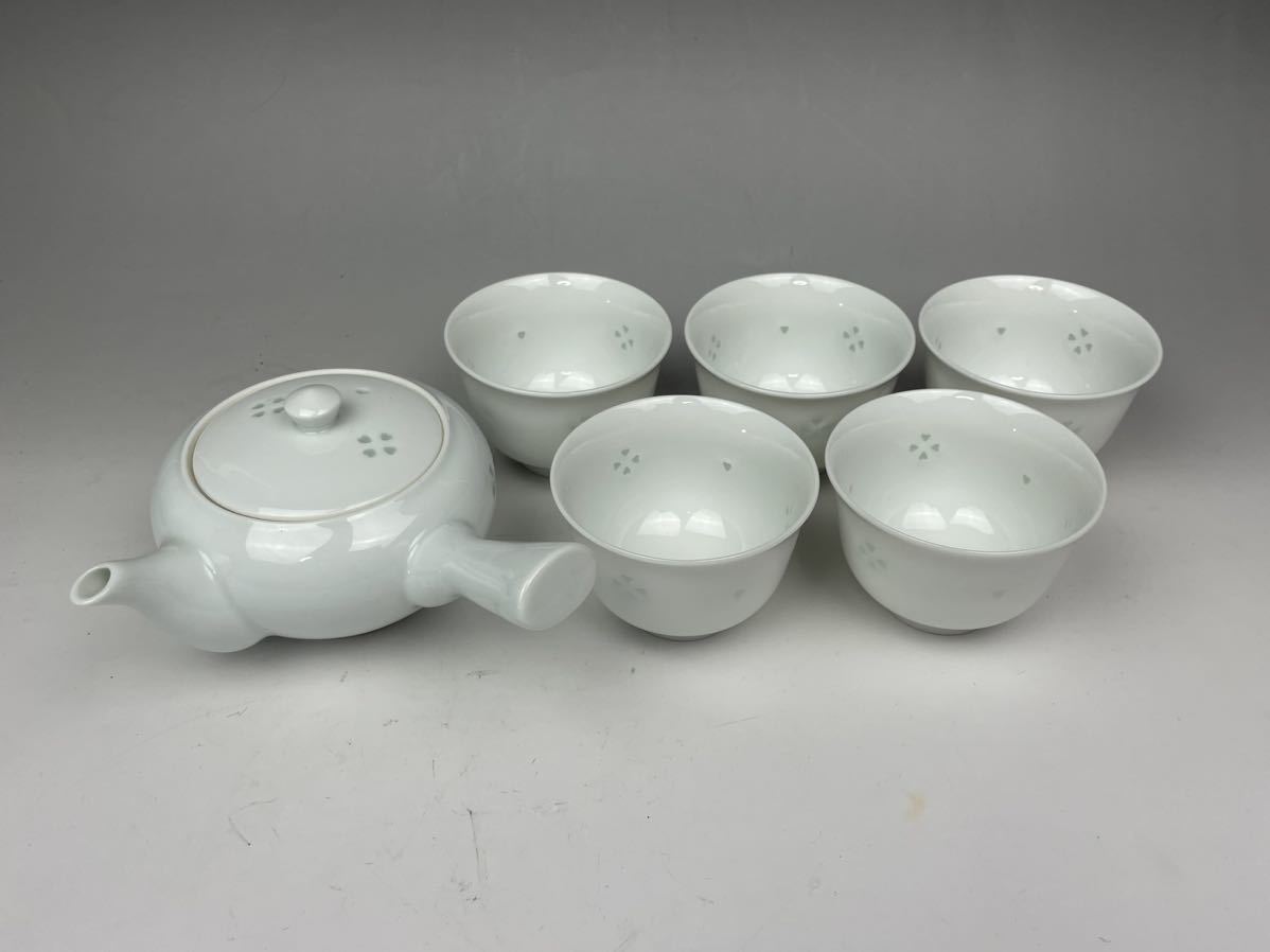 井上萬二 茶器 急須 湯呑み5客 横手 白磁 茶器セット 和食器 白 ホワイト 宮内庁御用達 在銘有り 料亭 割烹料理 懐石料理