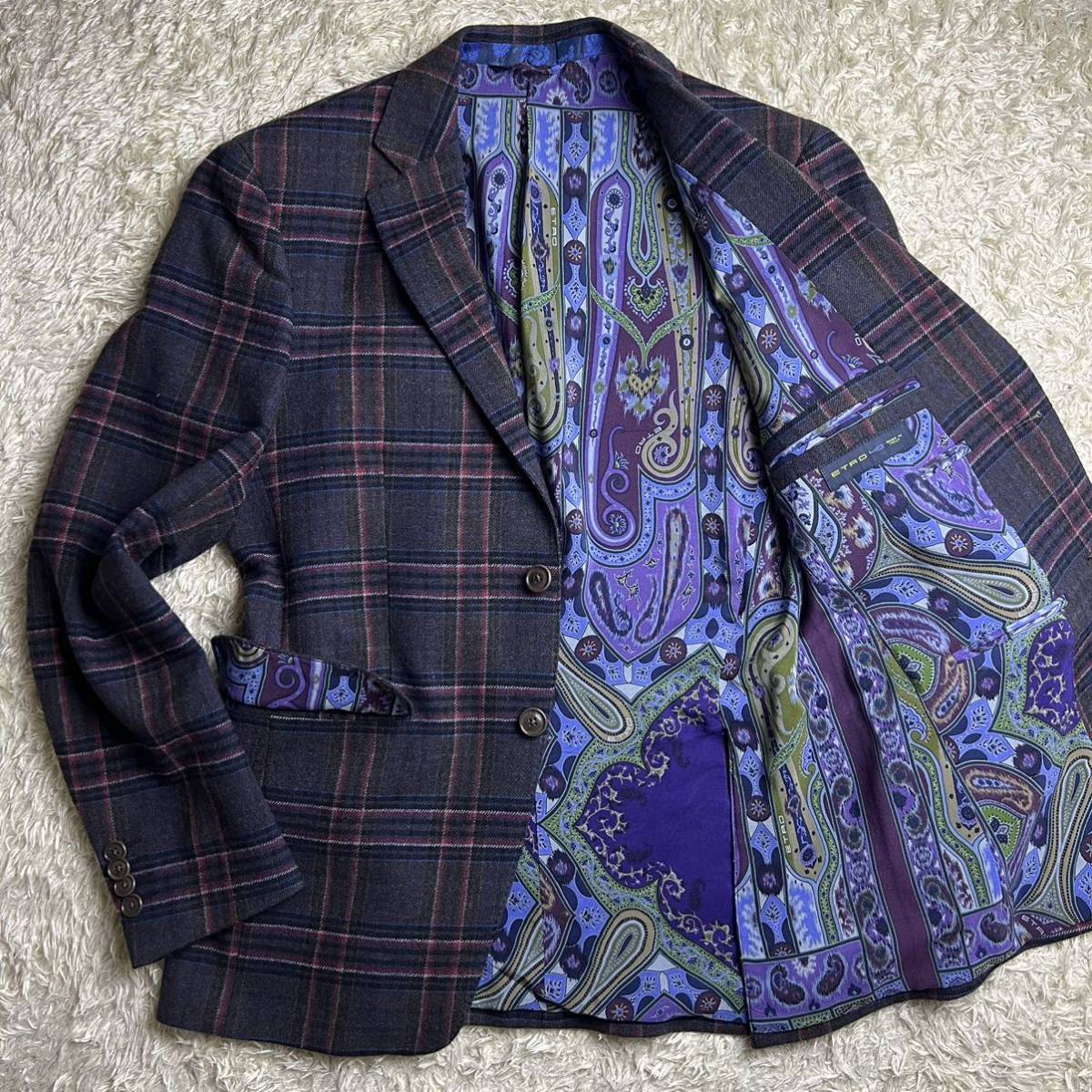 E17ほぼ新品★シルク混★『定番の輝き』エトロ ETRO テーラードジャケット ウール スーツ ブレザー アウター 48大きめサイズ L ペイズリー 