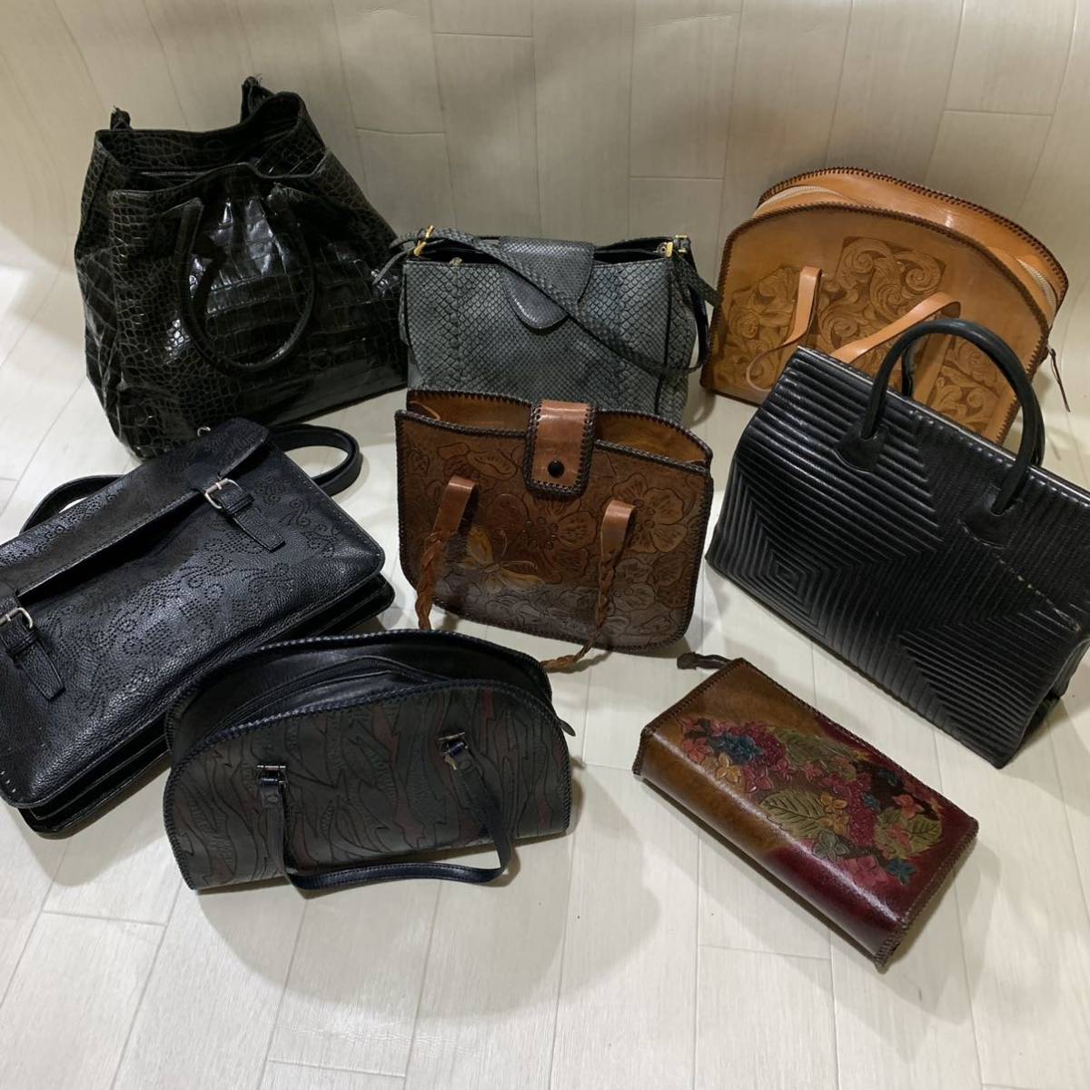 1円~☆ 豪華!!バッグまとめ売り '8点セット' エキゾチックレザー 型押し フェイク ハンドバッグ ショルダーバッグ 手提げ 肩掛け トート 鞄
