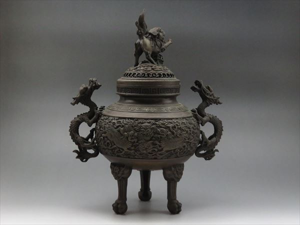 ◇◇「呉尭輝」作 香炉 麒麟文 龍耳 獅子蓋 三足 大型