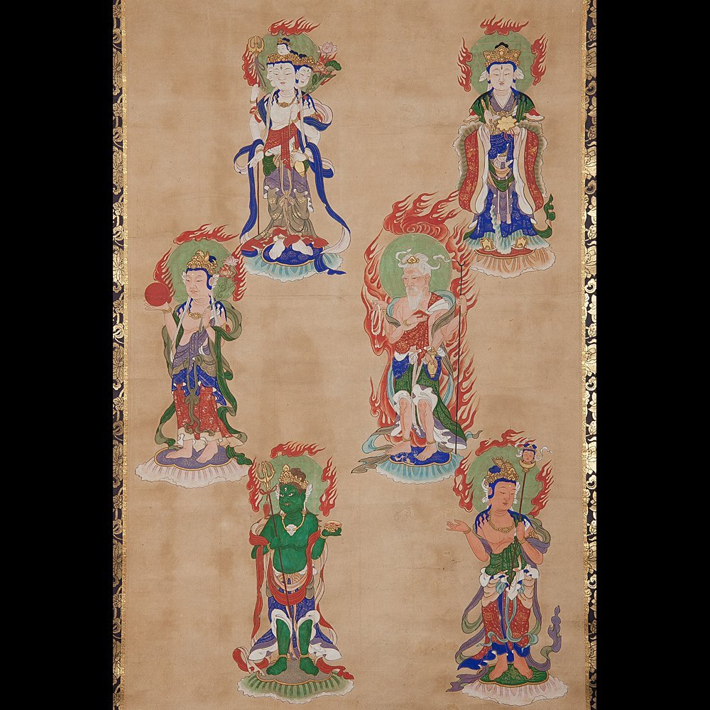 五】大幅 古仏画 十二天之内六天 紙本 彩色 掛軸 仏画