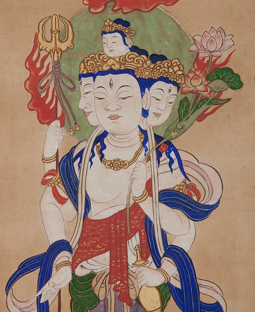 五】大幅 古仏画 十二天之内六天 紙本 彩色 掛軸 仏画