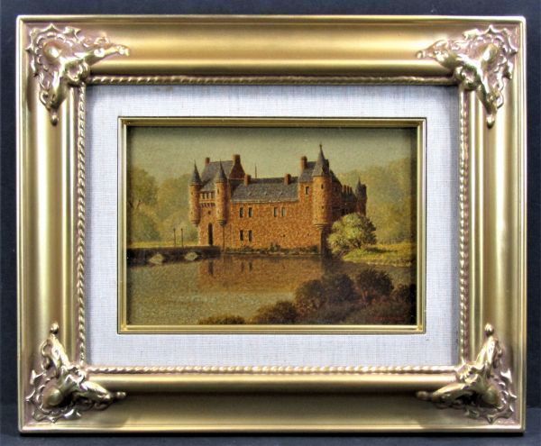 《真作》★横田 善雄【水の辺の城】油彩 SM ＊二科展特選 (大蔵省収蔵)＊個展多数＊人気作家＊点描画の名手＊新潟 佐渡＊細密画＊ [桃]