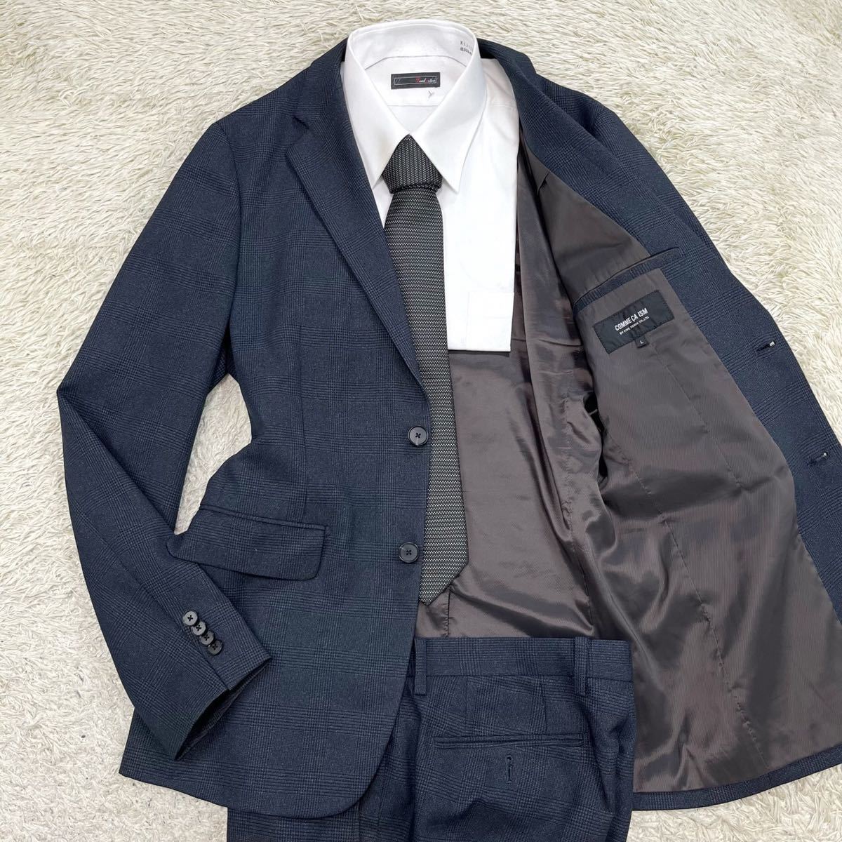 コムサイズム【お洒落紳士の一着】COMME CA ISM スーツ　セットアップ　テーラードジャケット　チェック　ストレッチ　ネイビー　濃紺　L
