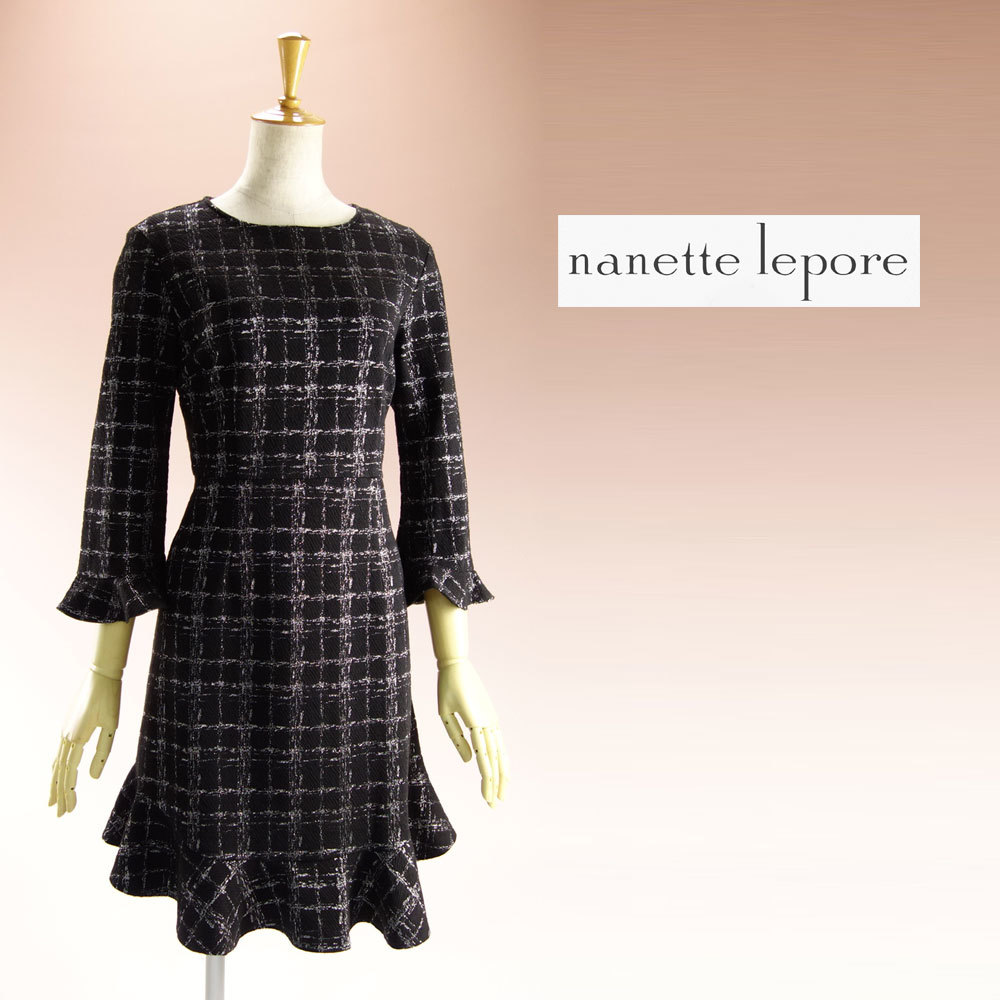 半額セール★新品 ナネットレポー 8/13号 黒 シルバー ワンピース パーティドレス 長袖 ブラック 結婚式 二次会 フォーマル 輝41FF1801