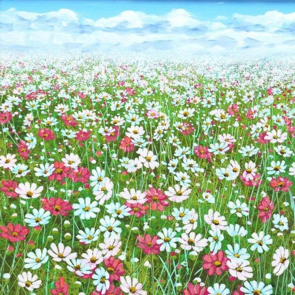 真作】【WISH】金謙伊 KIM KYUM YE 油彩 10号 ◇コスモス花畑 〇韓国