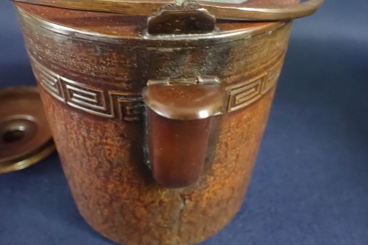 煎茶道具 銅製 鎚目文字文 湯沸し 薬罐 時代箱付 U R5154 煎茶