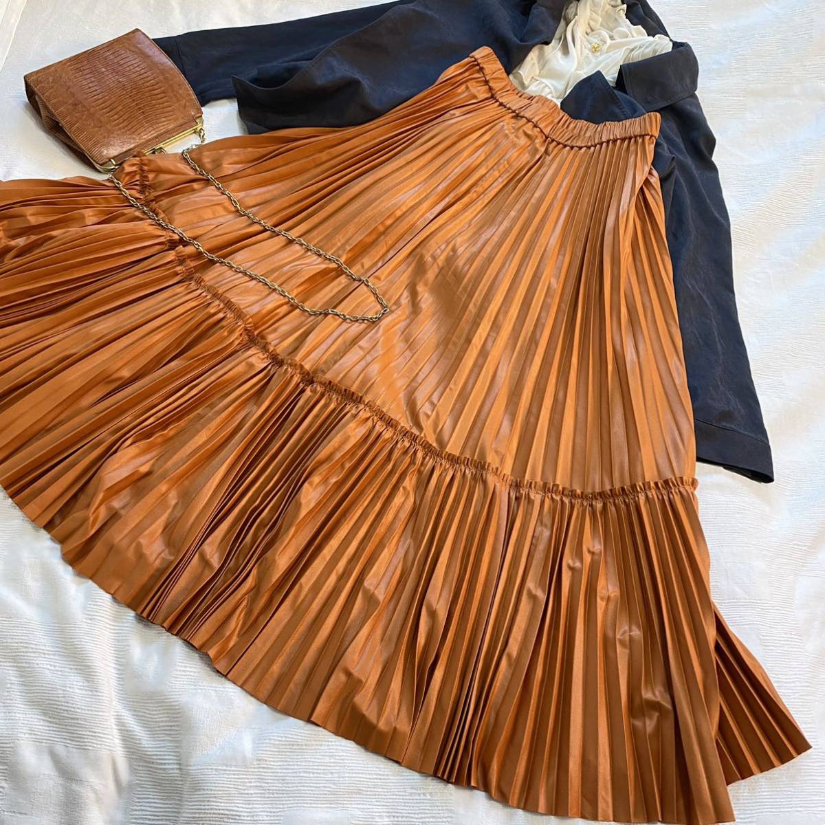 【美品】ダイアグラム Diagram GRACE CONTINENTAL◆レザー風 プリーツ オレンジブラウン ウエストゴム ロングスカート サイズ36 y23110303