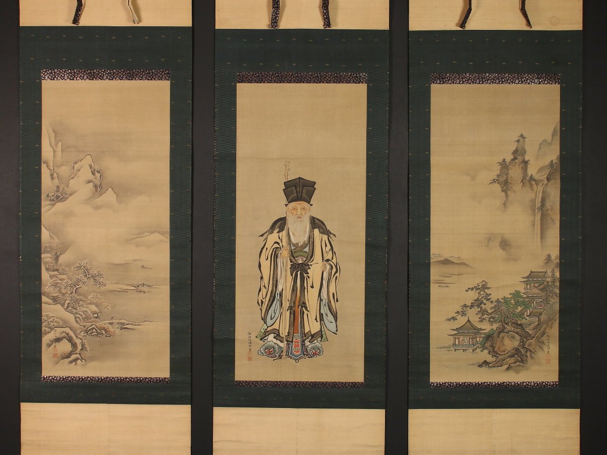 模写】【一灯】nb3336〈狩野伊川院栄信〉三幅対 寿老人・山水図 玄賞斎