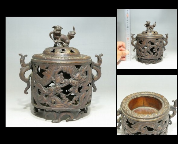 椿】時代 銅製 獅子摘透蓋 香炉 総重量約1249g(検索:中国唐物古玩茶壷