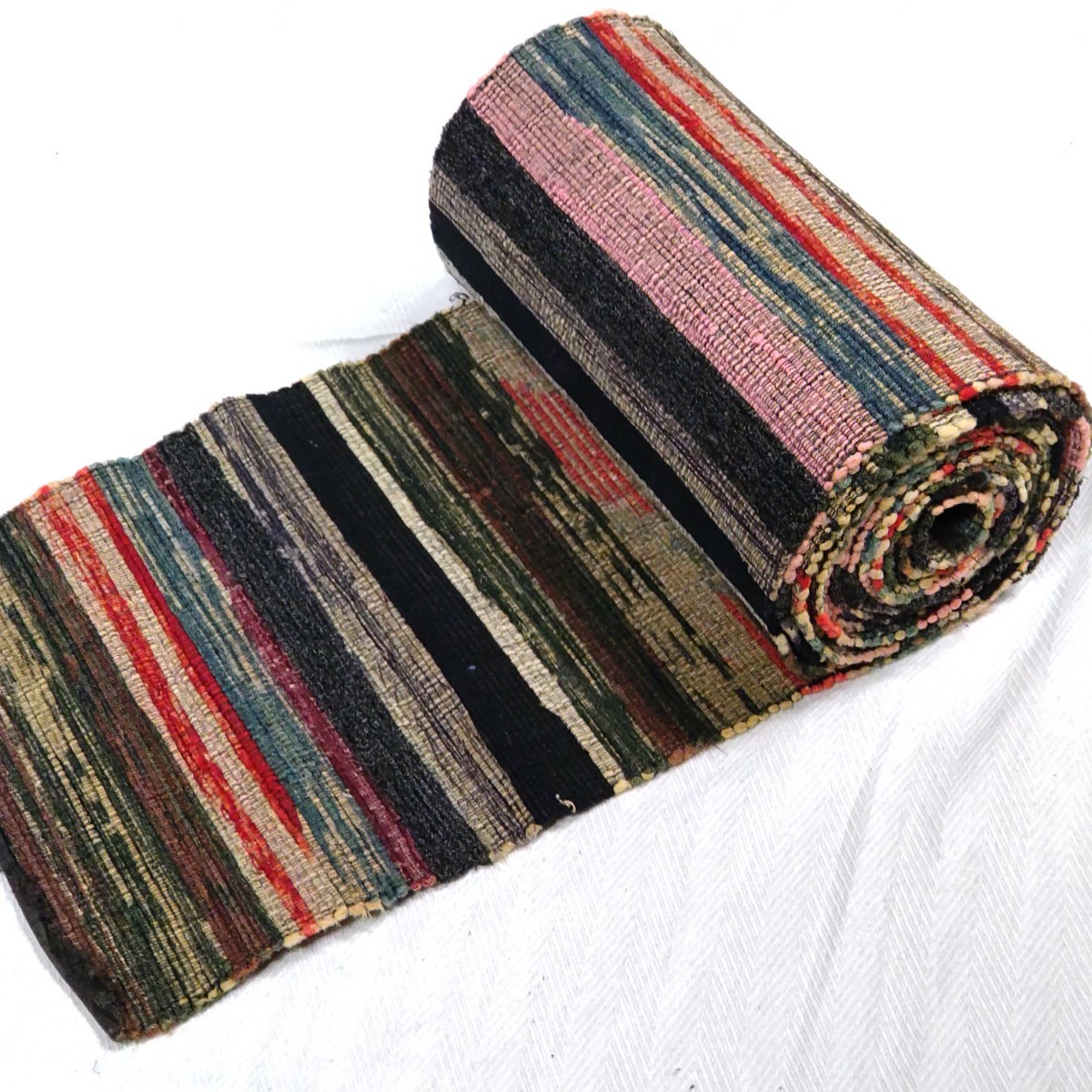 【時代布】裂織 裂き織り 木綿 約294cm ×約17cm 生地 古布 古裂 商品レトロ ビンテージ アンティーク リメイク素材 A-213