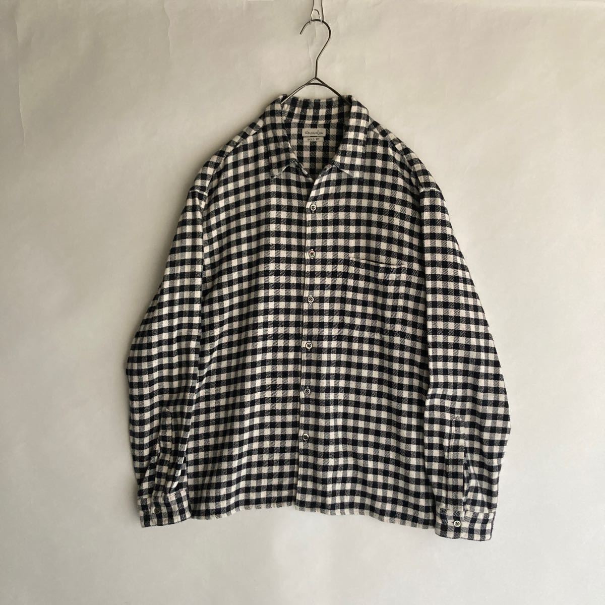 steven alan BOLD FIT スティーブンアラン コットンネル ギンガムチェック シャツ ボックスシルエット スリット 白 × 黒 size S sk