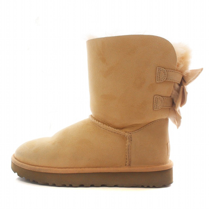 アグ オーストラリア W BAILEY BOW SHORT PUFFLE ムートンブーツ スエード レザー リボン ロゴ US6 23.0cm ピンク 1095794