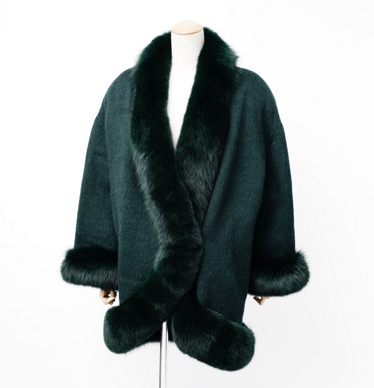 GO7689●LANCETTI*ランチェッティ*ウールロングコート*FOX*フォックスファー*本毛皮*リアルファ―*size40*グリーン系