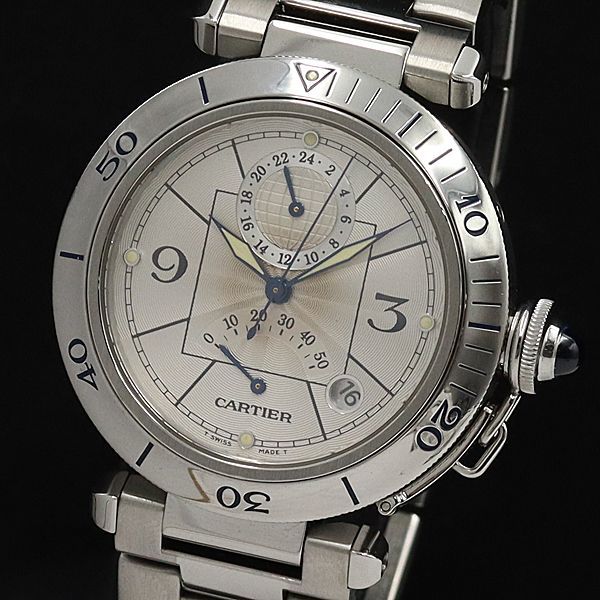 1円 稼働 良品 保証書/コマ4付 カルティエ AT/自動巻 2388 パシャ38 デイト 裏スケ シルバー文字盤 メンズ腕時計 0062810YSD