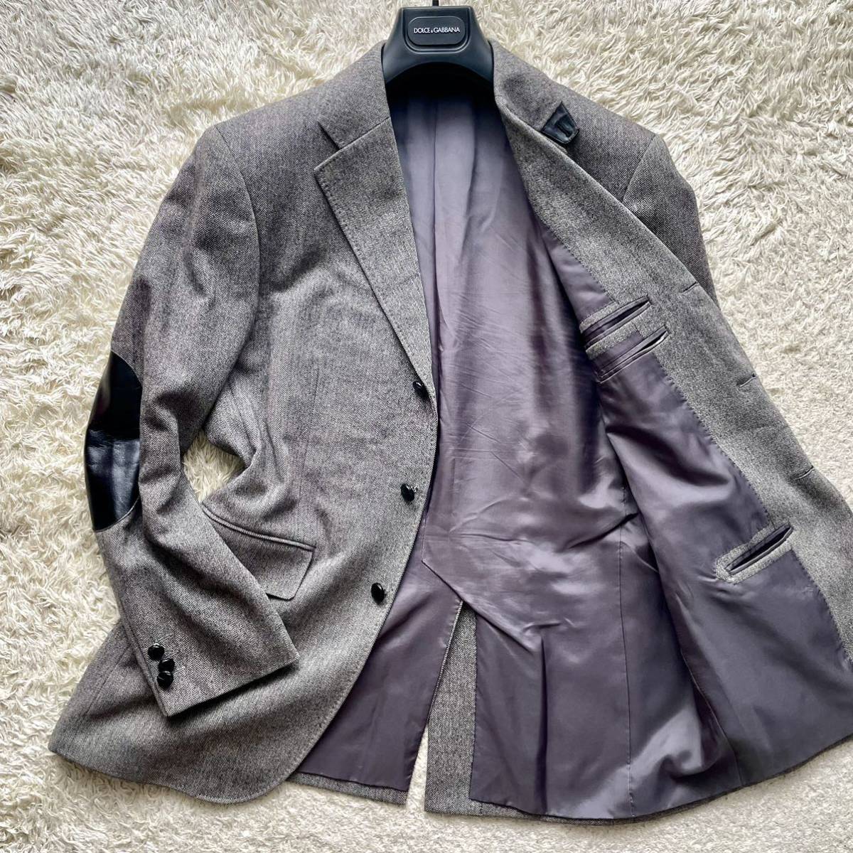 ランバンコレクション【極上カシミヤの高級感】LANVIN テーラードジャケット ヘリンボーン エルボーパッチ グレー系 Lサイズ 肘当て レザー