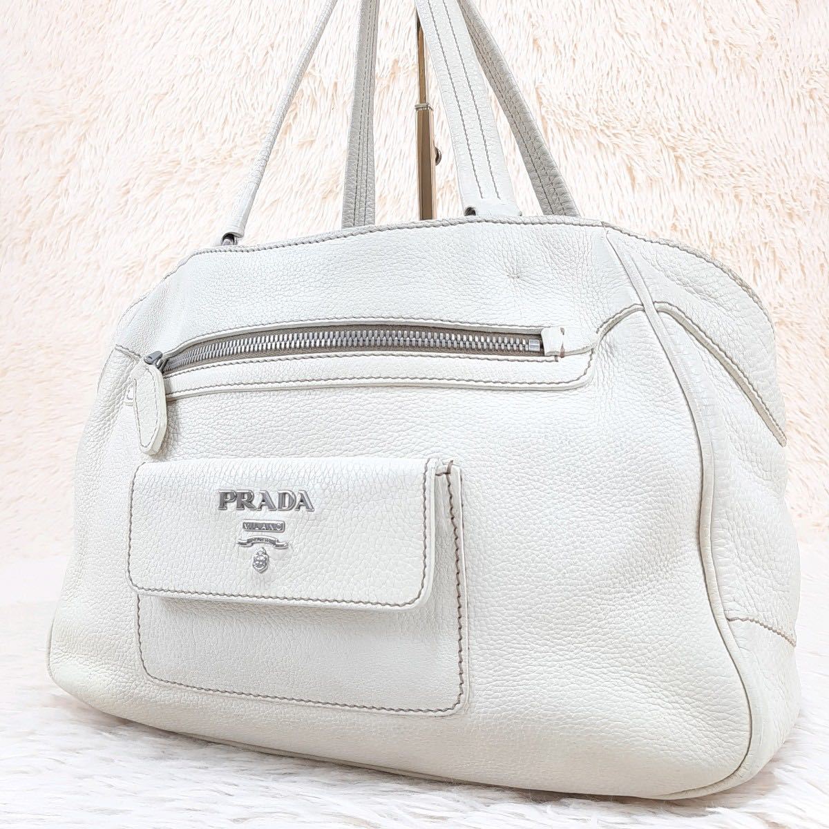 1円〜【美品】PRADA プラダ　トートバッグ　レザー　ヴィッテロ　三角ロゴ　ゴールド金具　前ポケット　アイボリー