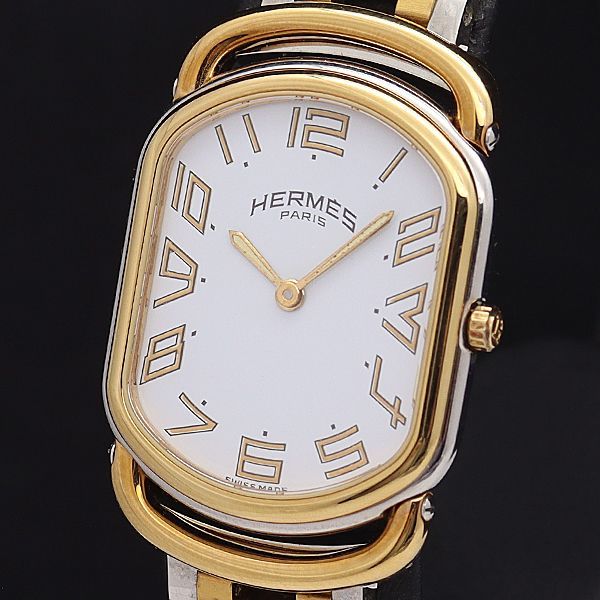 1円 稼働 良品 箱/保証書/コマ2付 エルメス QZ ラリー 白文字盤 メンズ腕時計 0993300NKG