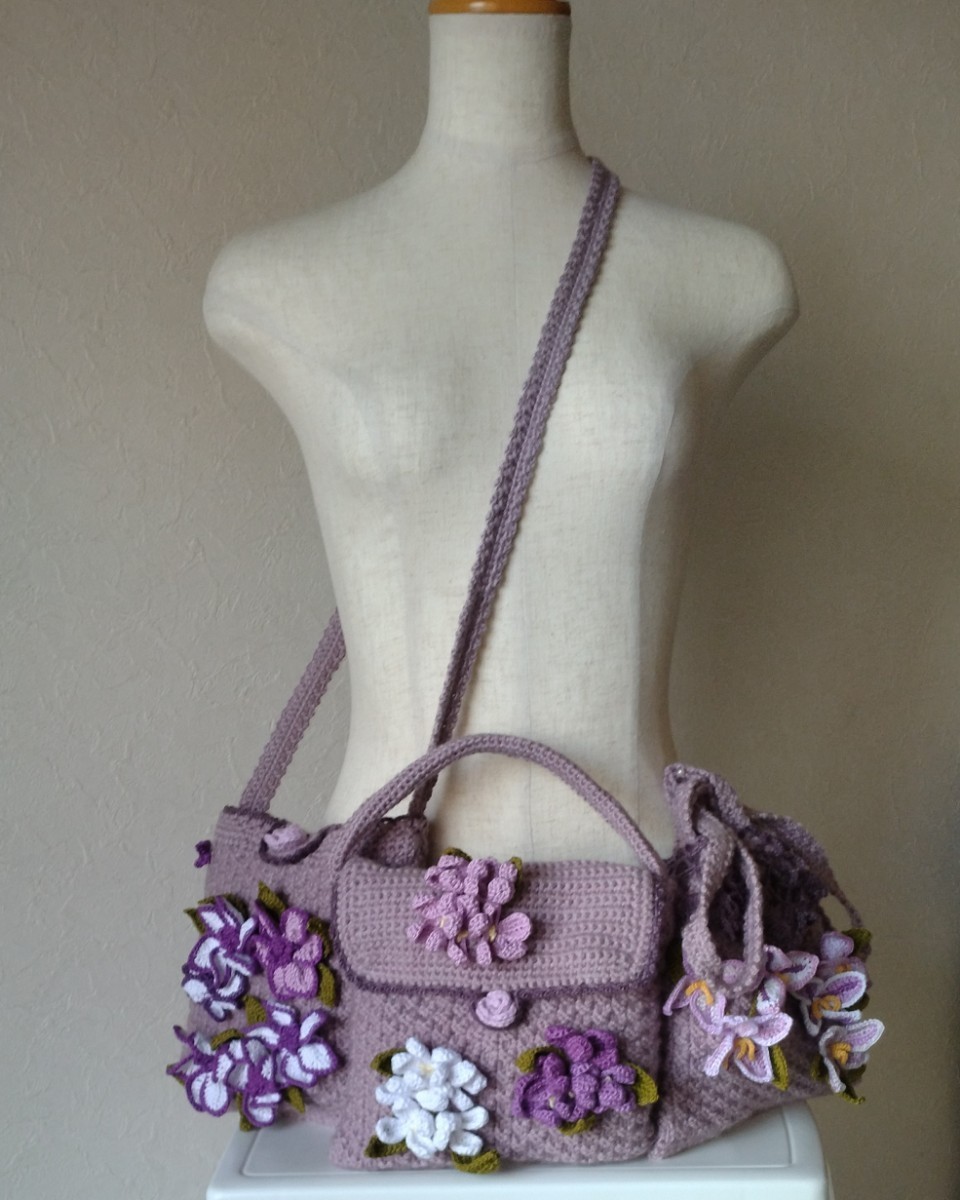 トート、巾着、ポシェット3点セット　金木犀、百合、秋明菊　藤色混　　　　　ami laine