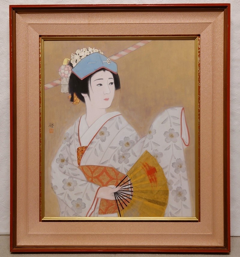 真作保証 勝田哲「舞女」日本画 10号 百貨店取扱作 金泥 日展