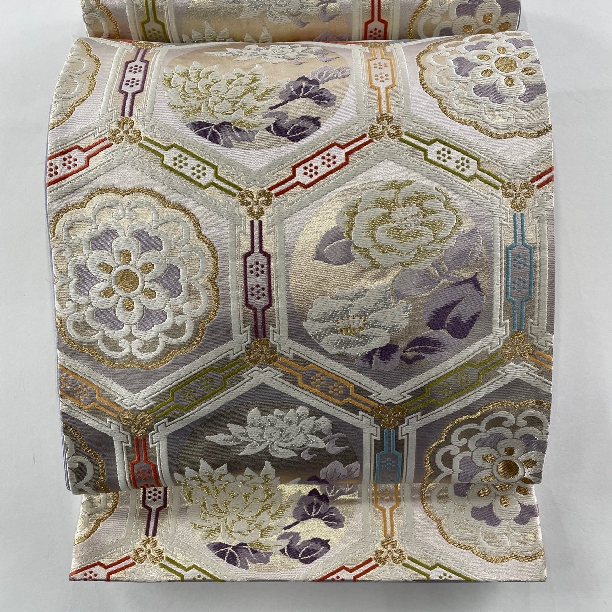 袋帯 美品 名品 落款 河村織物 吉祥花亀甲文 金銀糸 箔 灰紫 六通 正絹 