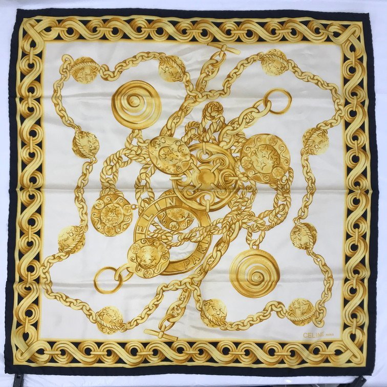 CELINE セリーヌ スカーフ 黒縁 金色 チェーン【BKBA5007】