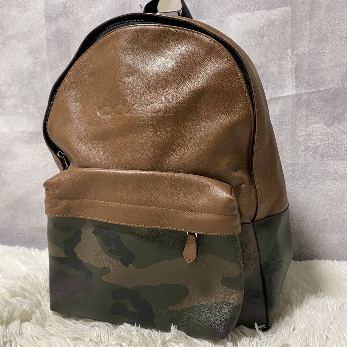1円 COACH コーチ リュック レザー 本革 ブラウン系 迷彩 大容量