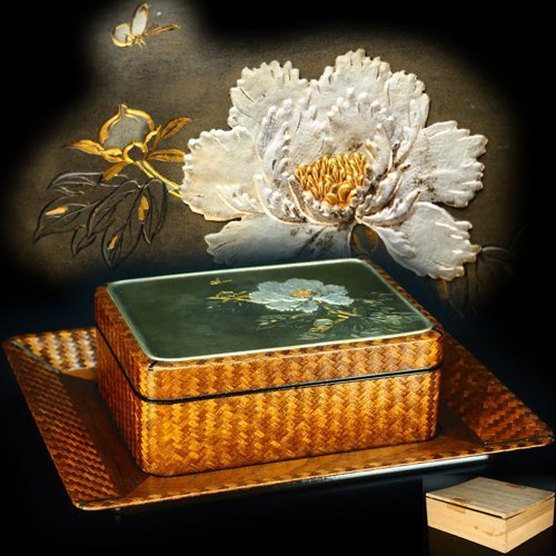 治】金工作品 金銀象嵌蝶牡丹紋朧銀板嵌網代煙草箱☆箱付 盆付 宝石箱