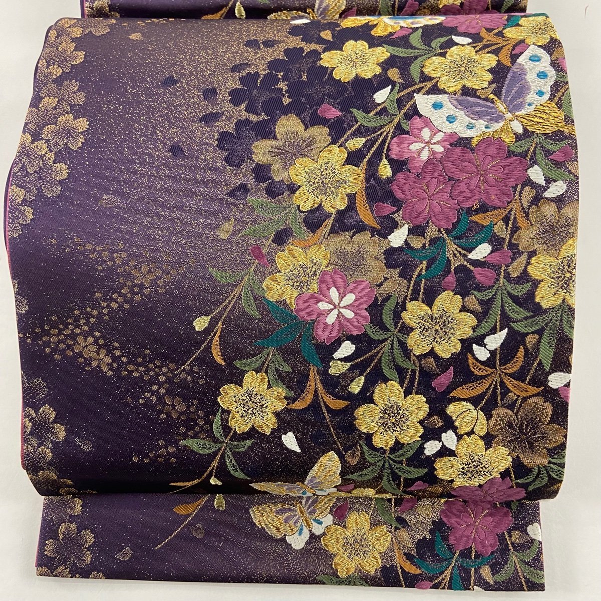 袋帯 美品 秀品 蝶 桜 金銀糸 刺繍 紫 六通 正絹 【中古】
