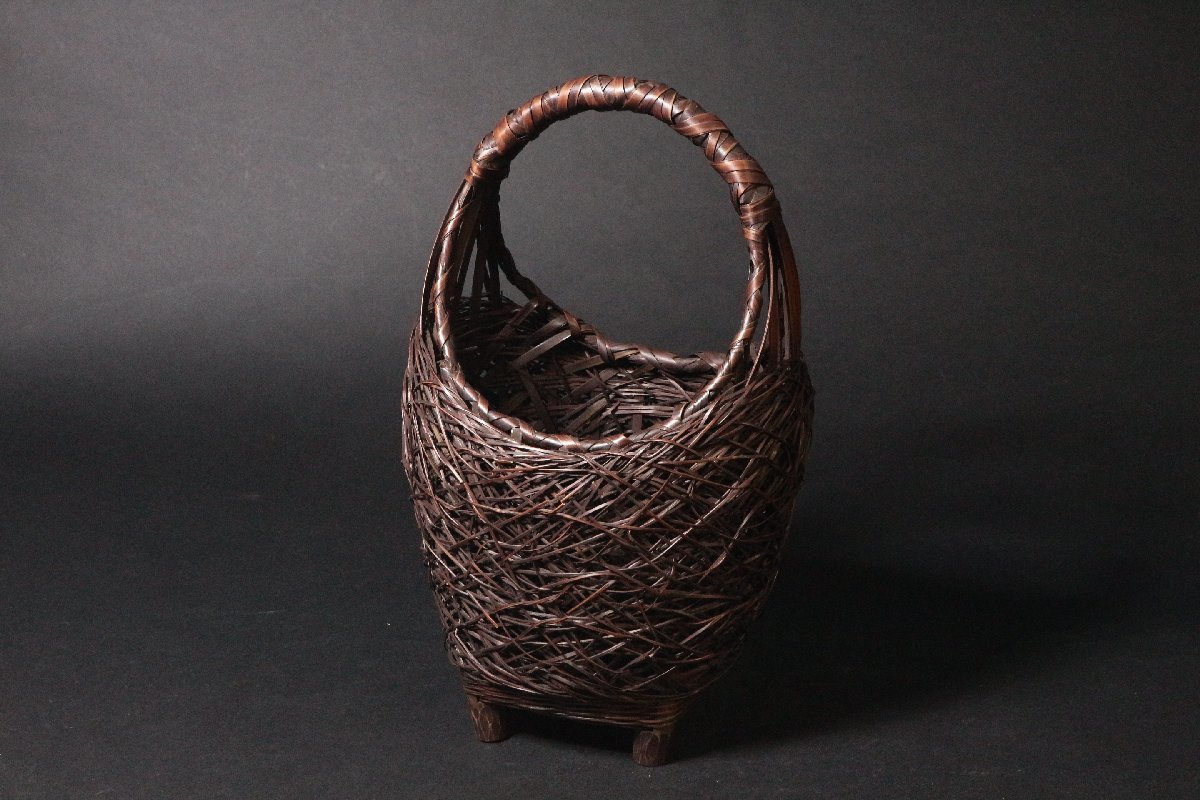 竹網細工 花籠 35cm 在銘 / 竹工芸 華道具 竹篭 花籠
