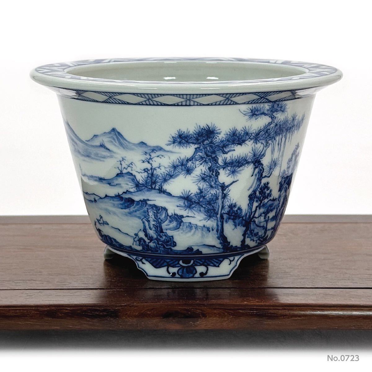 【谷樂方山】　染付山水図丸鉢　盆栽／鉢／植木鉢