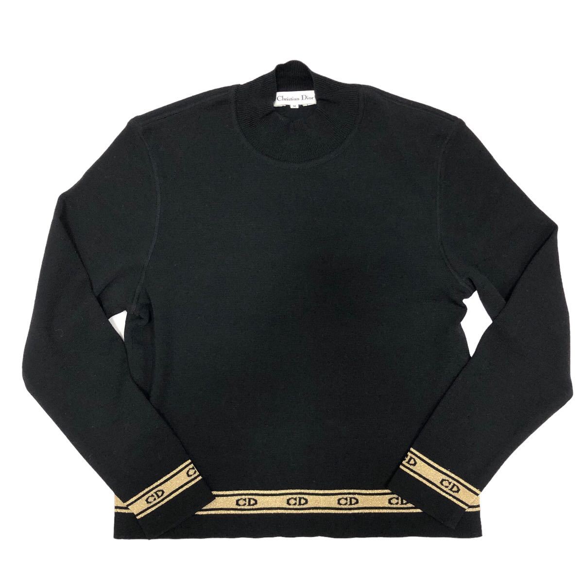 ▼1円～ Christian Dior クリスチャンディオール CDロゴライン モックネック ニット セーター ヴィンテージ ブラック ウール M 良品 RC4126