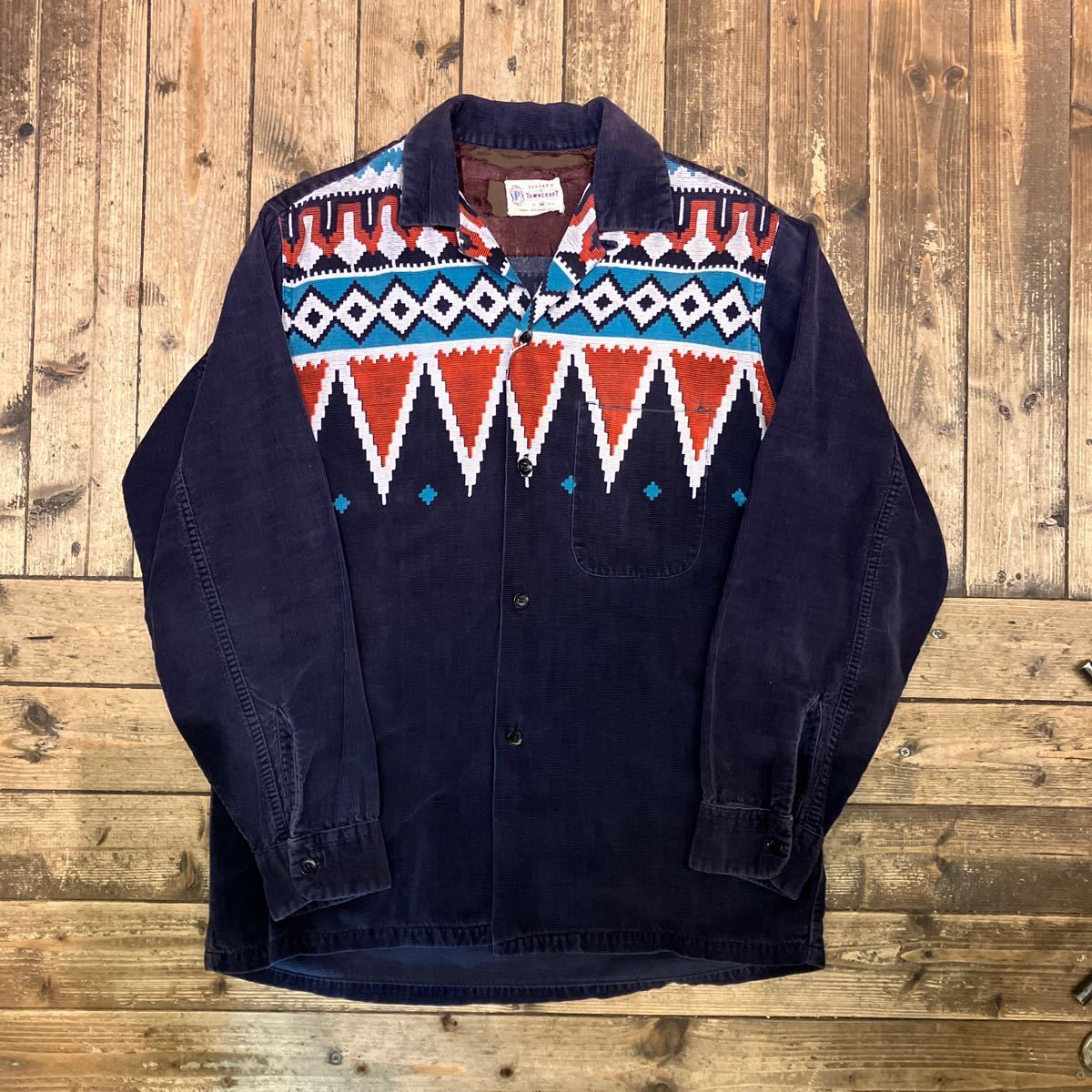 50s penneys towncraft プリントコーデュロイ 開襟シャツ M