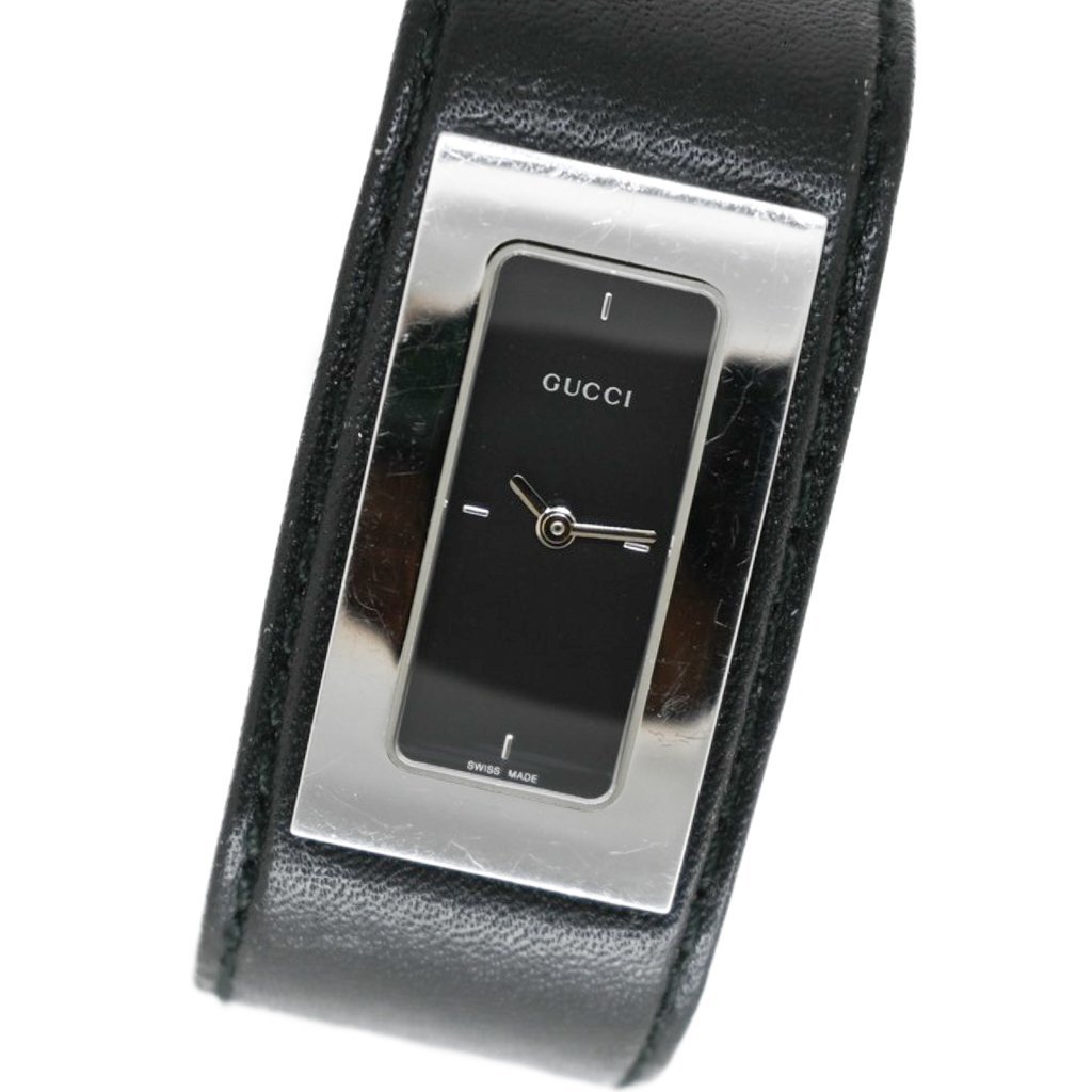 1円 稼働 グッチ GUCCI QZ 7800S 黒文字盤 SS 皮 バングル レディース