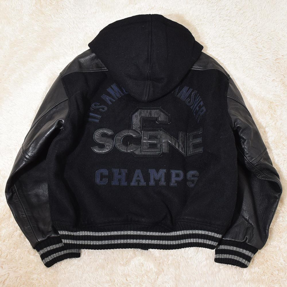 1980年代 石津謙介 ヴァンヂャケット VAN JAC / SCENE アーチロゴ 牛革 レザー 袖革 スタジャン ブルゾン フード付 中綿入り M ブラック