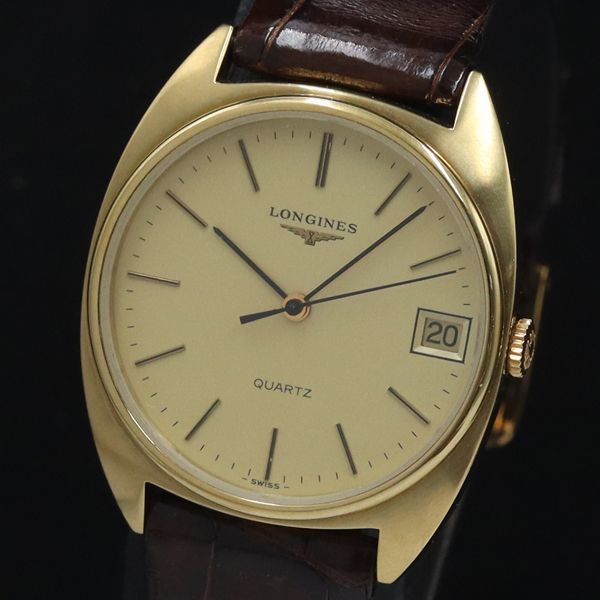 1円 箱付 ロンジン QZ デイト ラウンド ゴールド文字盤 メンズ腕時計 12ANT 8008000YSD