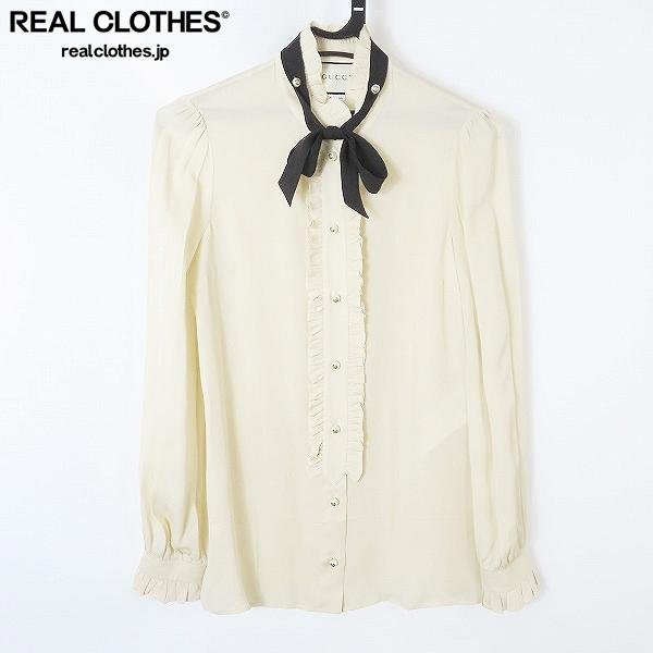 ☆GUCCI/グッチ リボンフリル パールボタン シルクブラウス 524024/38  