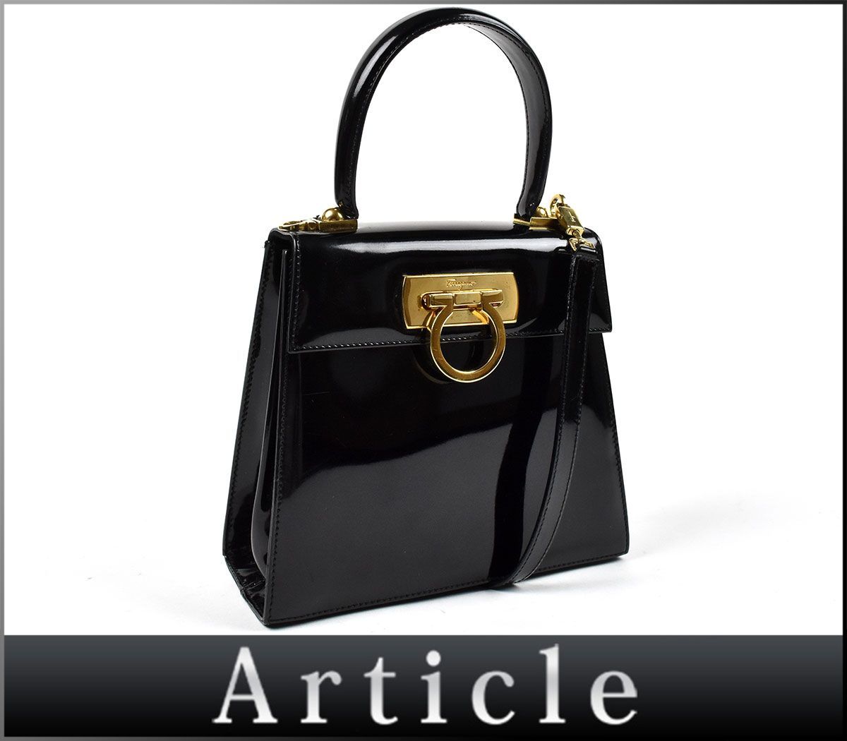 167302 Ferragamo フェラガモ ガンチーニ 2WAYショルダーバッグ ハンドバッグ AQ-212193 パテントレザー ブラック ...