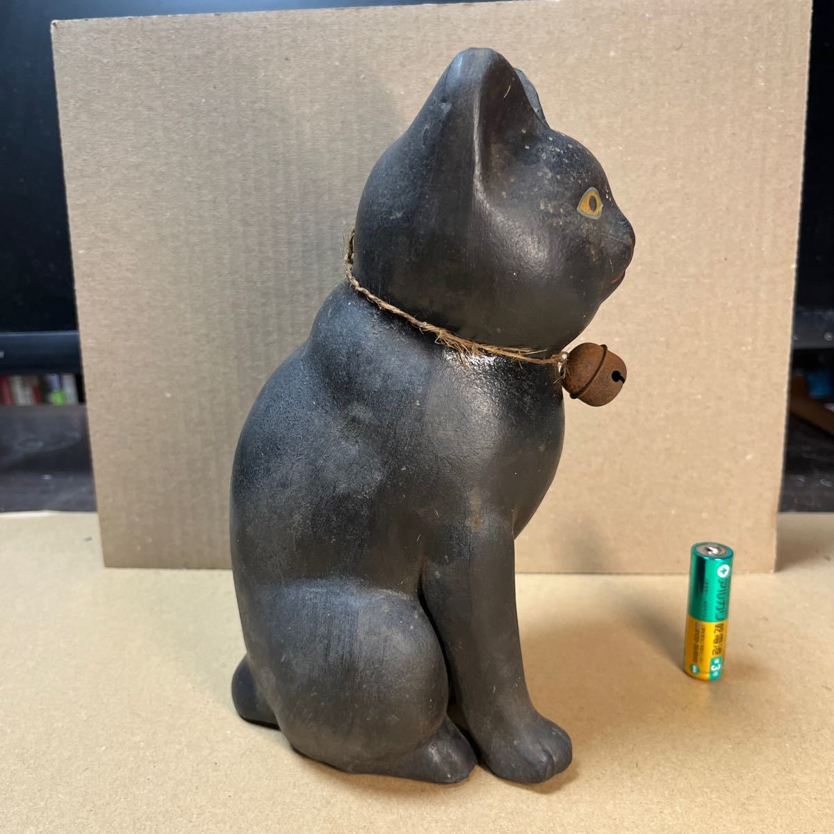 古い 招き猫 明治・大正・戦前？ 高さ20.5cm 陶器 置き物 明治建立の