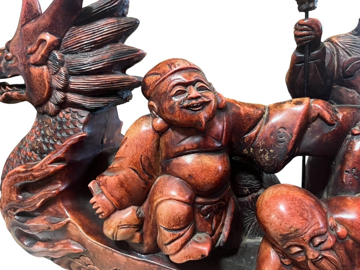 七福神　木彫り　インテリア　置き物　骨董品 □【美品】木彫り 七福神 置物 大黒天 毘沙門天 弁財天 福禄寿 寿老人