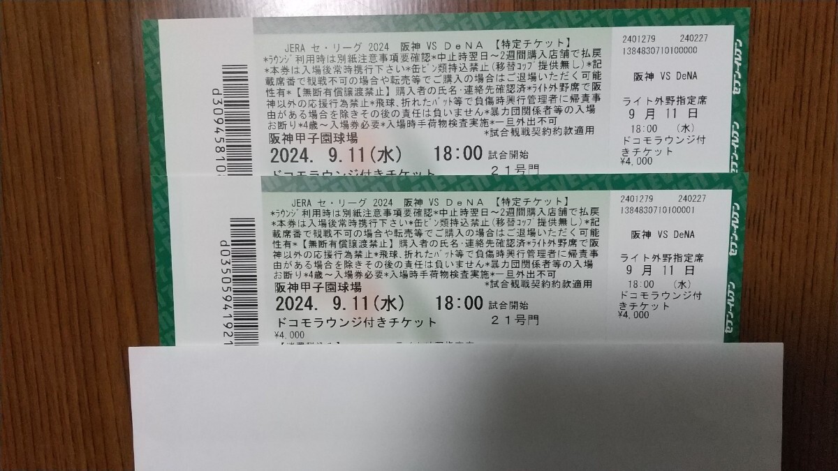 9月11日水曜日 甲子園球場　阪神対横浜ライト外野指定席ドコモラウンジ付きペア　甲子園歴史館入館引換券2枚オマケ付き。_1