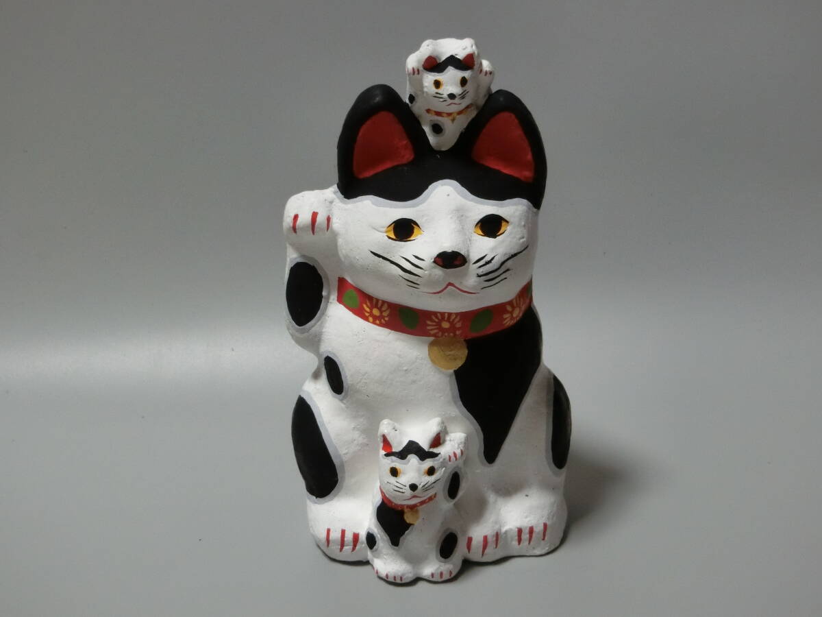 三河招き猫 郷土玩具 白黒親子猫 土人形 土鈴 昭和レトロ 縁起物 18cm